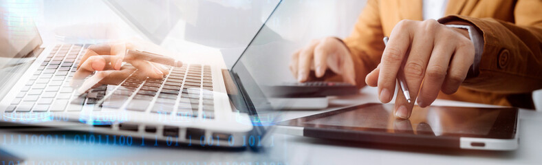 Searching Browsing Internet Data Information with blank search bar.businessman working with smart phone, tablet and laptop computer on desk in office. Networking Concept