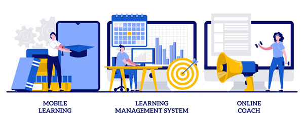 Mobile learning application, online coach concept with tiny people. Learning management system abstract vector illustration set. Training course, tutor program classroom access metaphor