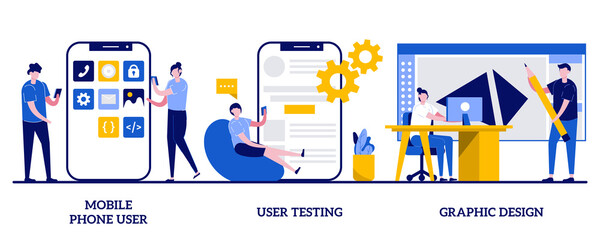 Mobile phone user, user testing, graphic design concept with tiny people. App creation steps abstract vector illustration set. User interface development, bug fixing, public release metaphor