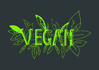 Vegan phrase covered in leaves vector illustration