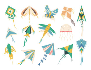 Canvas Print - Cartoon Color Flying Kites Icons Set. Vector