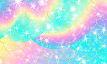 Holographic Rainbow Background. Gold Scales. Mermaid Print.