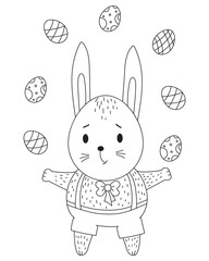 Easter Bunny. Cute bunny boy in shorts and with Easter eggs. Vector. Black line, outline. Decorative drawing. Cute animal for Happy Easter design - decor, printing, decoration, holiday cards, banners