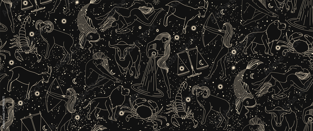 Seamless pattern - signs of the zodiac. Gold illustration of astrological signs on a dark background. Magical illustrations of women and animals in the starry sky. - obrazy, fototapety, plakaty 