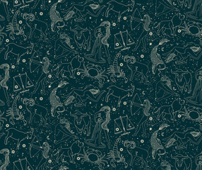 Wall Mural - seamless pattern - signs of the zodiac. gold illustration of astrological signs on a green backgroun