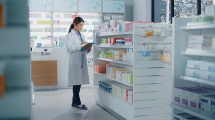 Wall Mural - Pharmacy Drugstore: Beautiful Asian Pharmacist Uses Digital Tablet Computer, Checks Inventory of Medicine, Drugs, Vitamins, Health Care Products on a Shelf. Professional Pharmacist in Pharma Store