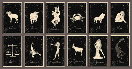 Wall Mural - zodiac signs collection. mystical, esoteric symbols of astrology. gold illustrations of women, anima