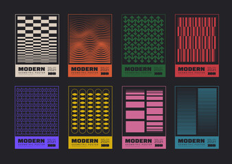 Set of minimalist abstract posters. Meta modern covers. Swiss design pattern. Futuristic geometric composition. Bauhaus artwork.