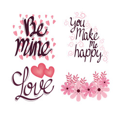 Wall Mural - happy valentines day letterings set cards with flowers and hearts vector illustration design