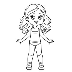 Sticker - Cute cartoon girl dressed in underwear outline for coloring on a white background