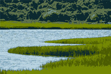 Vector Illustration Of South River Marsh With Marsh Grass River And Trees