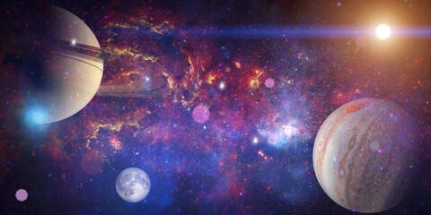 space wallpaper banner background. stunning view of a cosmic galaxy with planets and space objects. 