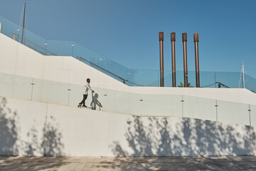 Side view of ethnic male riding modern electric scooter down concrete slope in city on sunny day