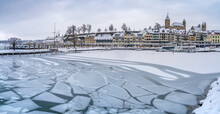 Ice-locked Rapperswil Harbor, St. Gallen, Switzerland