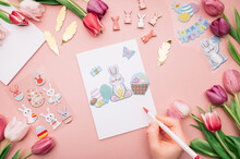DIY Ideas And Step By Step Instructions For Making Easter Card. Instruction How To Make Handmade Card For Beginners With Stickers And Flowers Nearby