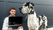 © Sergio Victor Vega/ADDICTIVE STOCK - Male freelancer sitting on street with Great Dane dog and working on remote project via laptop