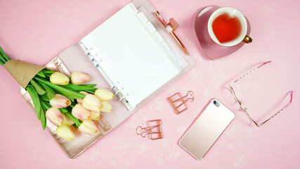 Wall Mural - Springtime pink theme desktop workspace with mockups on stylish textured background. Top view blog hero header creative composition flat lay.