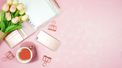 Wall Mural - Springtime pink theme desktop workspace with mockups on stylish textured background. Top view blog hero header creative composition flat lay.