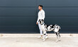 © Sergio Victor Vega/ADDICTIVE STOCK - Side view of male owner standing with big Harlequin Great Dane dog during stroll in city and looking away