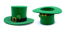 St. Patrick's Day Set. Green Leprechaun Hat With Clover And Inverted Upside Down. Isolated On White Background. 3d Render.