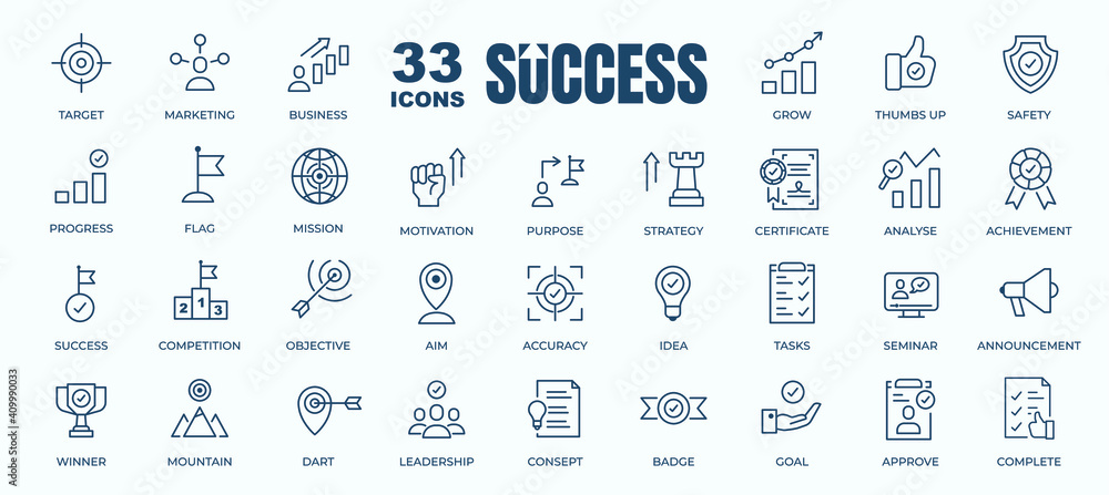 Simple Set of Success, Goals and Target Related Vector Line Icons. Contains thin Icons as Achievement, Aim, Motivation and more. Editable Stroke. 48x48 Pixel Perfect - obrazy, fototapety, plakaty 
