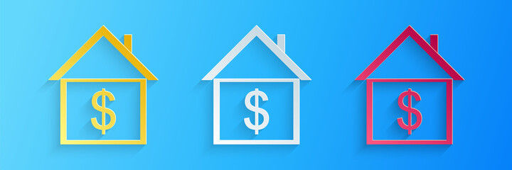 Wall Mural - Paper cut House with dollar icon isolated on blue background. Home and money. Real estate concept. Paper art style. Vector.