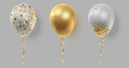 Set of three realistic ballons, gold, transparent with golden confetti, paper circles and ribbons. Vector illustration for card, party, design, flyer, poster, decor, banner, web, advertising. 