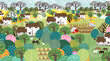 Garden, farm, nature and countryside. Vector illustration of a landscape with houses, trees, agriculture, livestock and grass. Drawing for banner, postcard or background