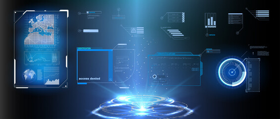 Head up screens for video games, apps, movie. Sky-fi holograms, warning in the form of holograms - attention, danger, countdown.  Sci Fi HUD modern futuristic user interface square Frames