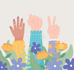 Poster - womens day, diverse hands up female, girl power,