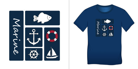 Wall Mural - Print on t-shirt graphics design, blue nautical icons collections anchor, fish carp, sailing boat, rudder, lifebuoy, isolated on background blank