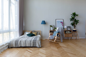 Wall Mural - The interior design of the studio apartment in Scandinavian style. A spacious huge room in light colors. stylish expensive luxury furniture.