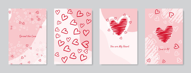 Wall Mural - Valentine`s Day cards set with hand drawn hearts. Doodles and sketches vector vintage illustrations, DIN A6. Valentine's day concept posters set. Vector illustration. 3d red and pink paper hearts