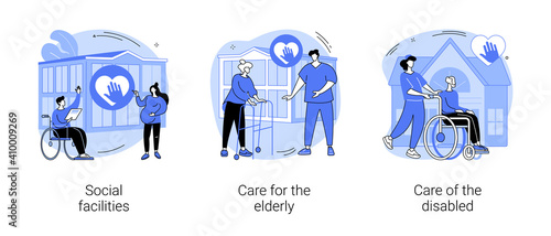 Social services work abstract concept vector illustration set. Social facilities, care for the elderly and disabled people, health care, retired people, nursing home, wheelchair abstract metaphor. © Visual Generation