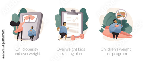 Children eating disorder abstract concept vector illustration set. Child obesity and overweight, overweight kids training plan, childrens weight loss program, unhealthy lifestyle abstract metaphor. © Visual Generation