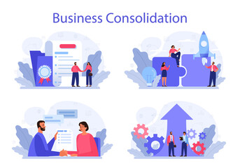 Wall Mural - Business consolidation concept set. Office characters working together