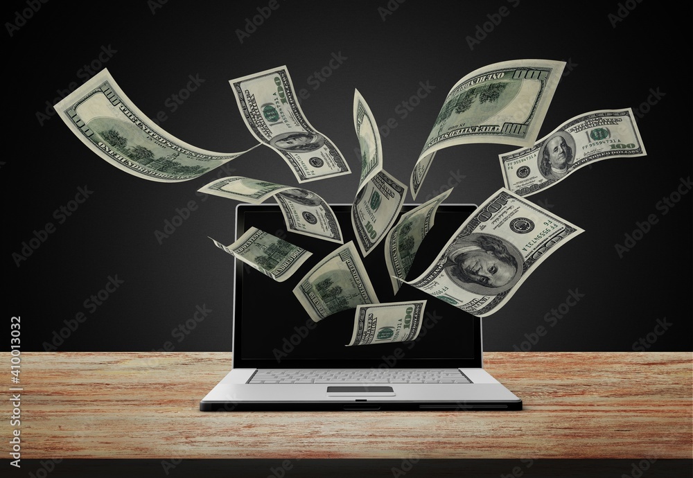 Money Injection Computer Computer laptop with money. Electronic banking concept Stock Photo ...