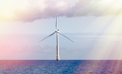 wind turbine in the sea, with sky and clouds