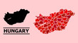 Love pattern and solid map of Hungary on a pink background. Collage map of Hungary is formed with red love hearts. Vector flat illustration for dating conceptual illustrations.