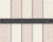 10 Different Flower Vector Seamless Patterns. Romantic Chic Floral Textures Can Be Used For Printing Onto Fabric And Paper Or Scrap Booking. Pink, White And Gold Colors. For Baby, Girl And Woman.