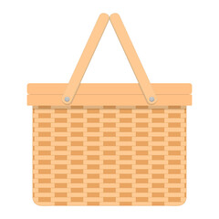 Woven willow picnic basket. Handmade wicker basket with two handles isolated on white background. Vector flat cartoon illustration.