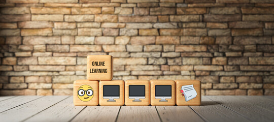 Wall Mural - cubes with message ONLINE LEARNING in front of a brick wall