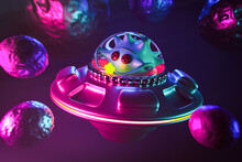 3d Space Illustration Of A Flying Saucer With A Funny Little Alien Admiring The Yellow Star Against The Background Of Other Planets. Space Travel To Find New Planets