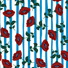 Random seamless pattern with red vintage flowers silhouettes. White and blue striped background.