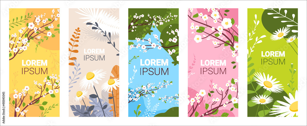 set beautiful flowers and leaves floral spring posters collection vertical greeting cards horizontal vector illustration - obrazy, fototapety, plakaty 