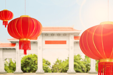 Sticker - Chinese pavilion gate with red roof with hanging a red lantern