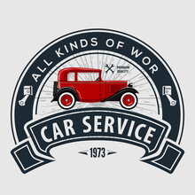 Car Repair Service, Vintage Logo Design Concept With Classic Retro Car. Vector Illustration	