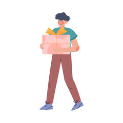 Poster - Cheerful Teenage Boy Carrying Present Boxes, Happy Person Celebrating Holiday Cartoon Vector Illustration