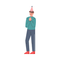 Sticker - Boy Wearing Party Hat Celebrating Birthday, Teenager Having Festive Party Cartoon Vector Illustration