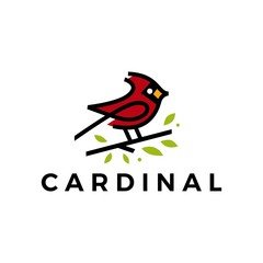 Sticker - cardinal bird leaf line color fill logo vector icon illustration